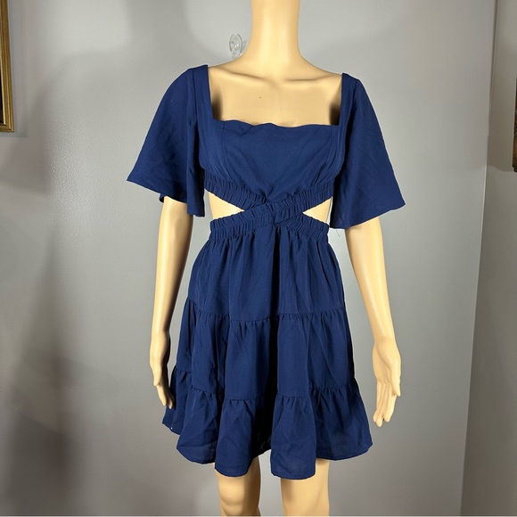 Cider New Blue SquareNeck Crisscross Cutout Dress Women’s Medium - Picture 1 of 12